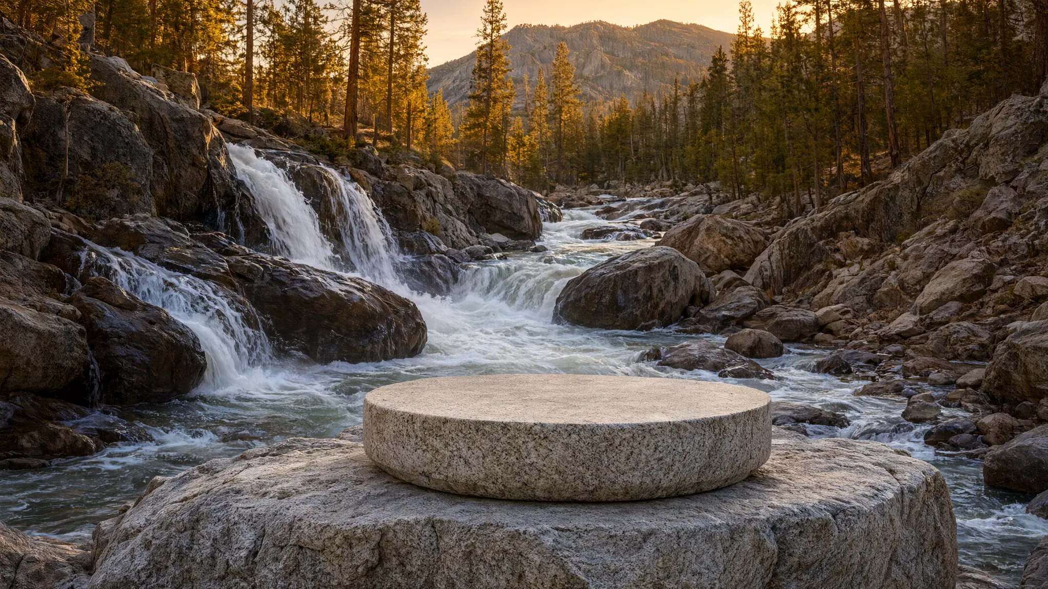 A wild river tumbling over dark boulders below a round granite pedestal at golden hour.